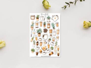 Aufkleber-Set mit verschiedenen Kaffeetassen, To-Go-Bechern, Zimmerpflanzen und Blumentöpfen, gestaltet von DreamArt VM, präsentiert auf einem weißen Hintergrund mit gelben Rosen.